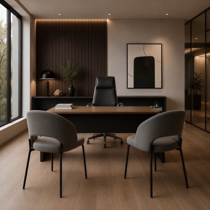 Modernes Büro mit Schreibtisch Alfa in Kastanie und Schwarz