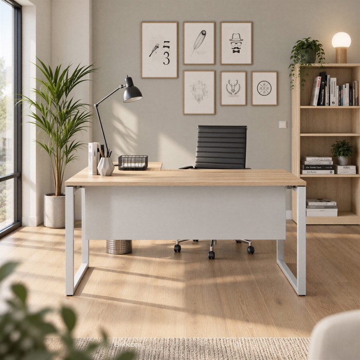 Büro mit Chefschreibtisch Regina Winkelförmig in Eiche und Silber