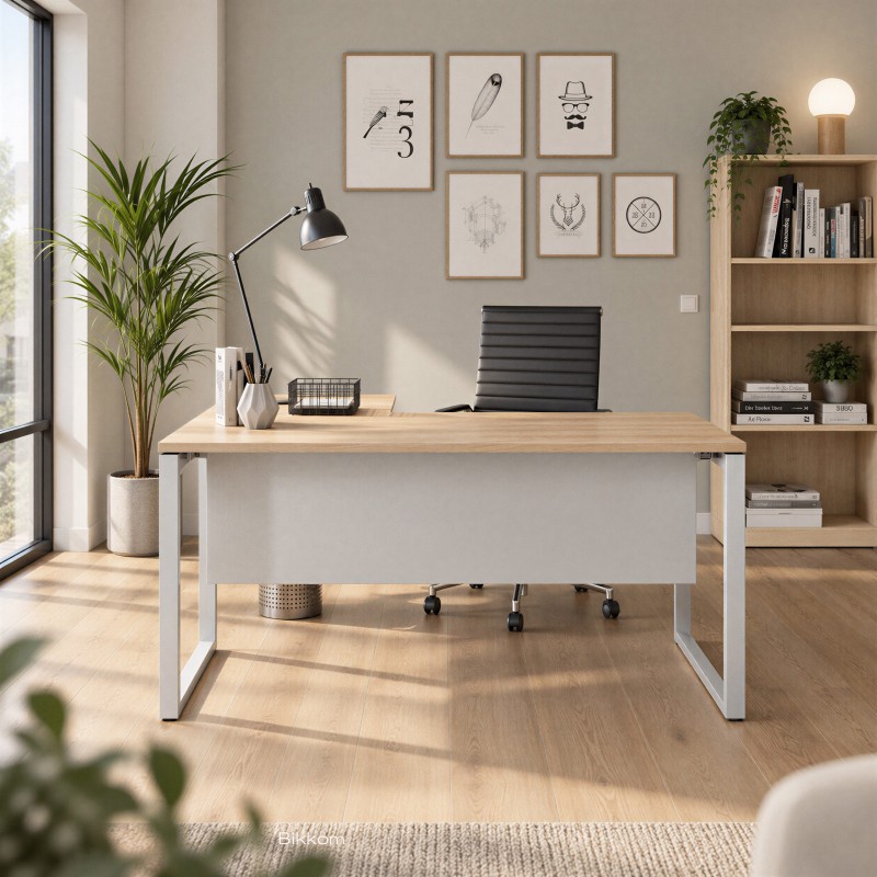 Büro mit Chefschreibtisch Regina Winkelförmig in Eiche und Silber