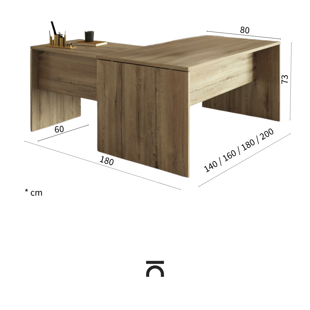 Maße des Tarnos-Schreibtischs mit Anbau