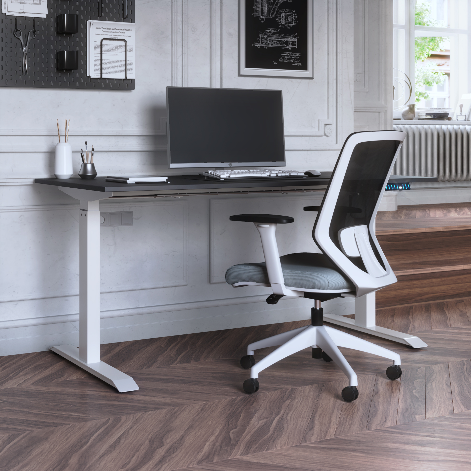 Pack Höhenverstellbarer Schreibtisch Elevia + Stuhl